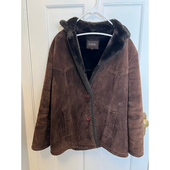 Vintage Guess Women's L Brown Suede Leather Faux Fur Lined Jacket Coat Y2K - Picture 1 of 16